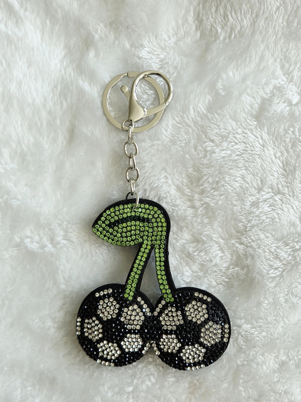 Soccer Cherry Rhinestone Cherry Keychain - Black White & Green Bag Charm